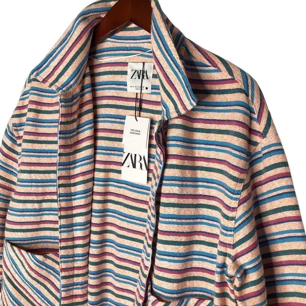 ZARA NWT “Leslie” Striped Shirt Jacket Size Medium in Bright Pink Multi - Picture 4 of 15
